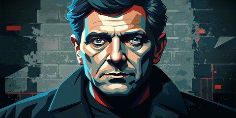 Intense Portrait of a Man with a Determined Gaze Against a Textured Brick Wall Background in a Modern Artistic Style