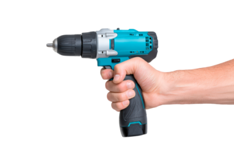 Hand holding blue cordless electric drill on transparent background, PNG