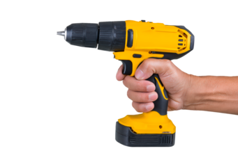 Yellow cordless drill held by male hand on transparent background, PNG