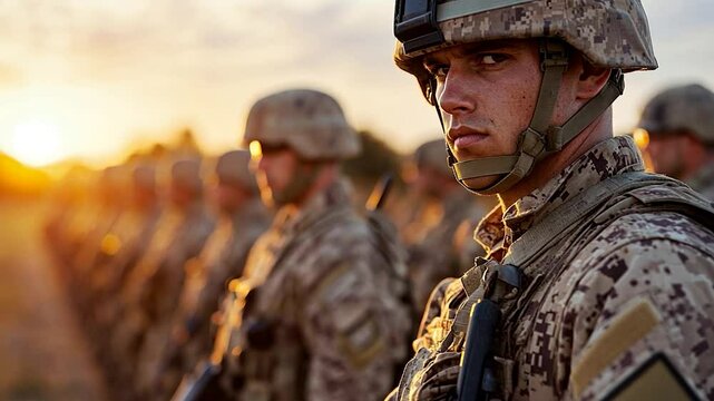 A focused soldier in camouflage uniform stands in the foreground, with a line of fellow soldiers blurred in the background during a golden sunset. The image evokes themes of military service and