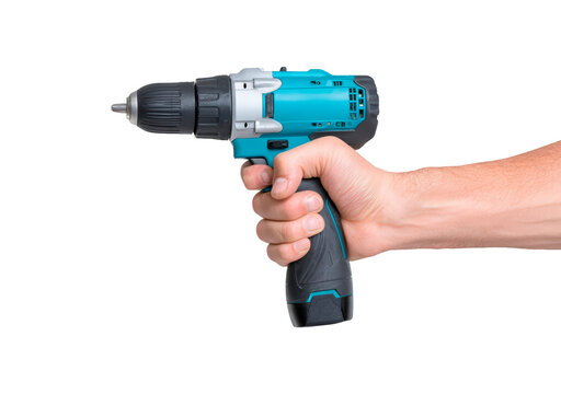 Hand holding blue cordless electric drill on transparent background, PNG - Powered by Adobe