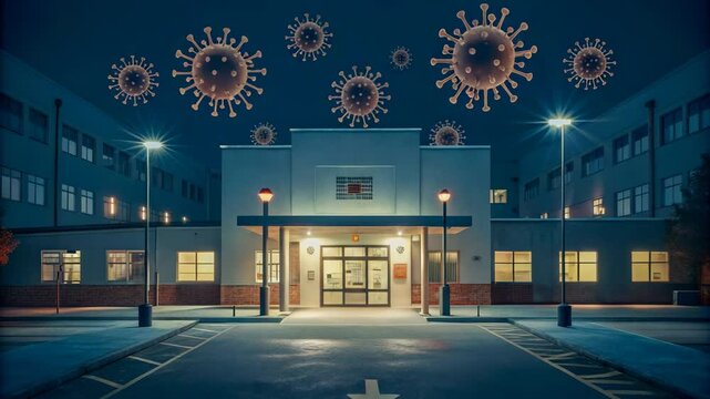 Night scene depicting an eerie hospital with floating virus pathogens, conveying a sense of medical crisis, infectious outbreak and health anxiety in pandemic environment.