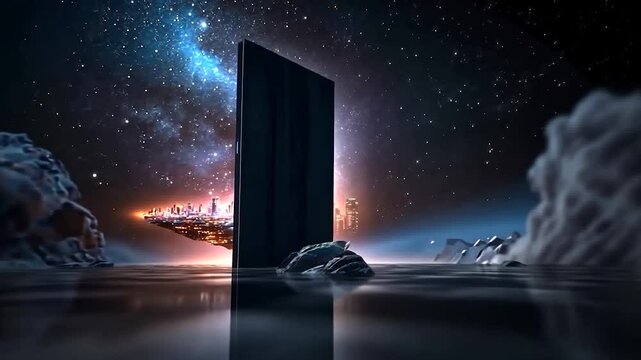 A city lightscape emerges from a dark monolith, set against a backdrop of starry night sky and clouds.  The scene is surreal and atmospheric, with a mysterious and hopeful tone