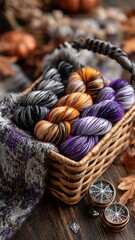 Flat lay with a knitting basket spooky art