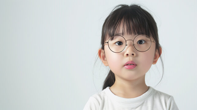 Smiling asian girl in glasses on white background for kids' vision health banner - Powered by Adobe