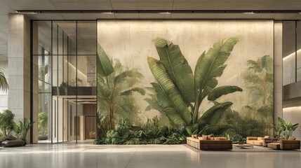 Modern lobby interior with a large wall mural of tropical foliage.
