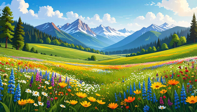 Vibrant alpine meadow with towering snow-capped mountains under a bright sky.