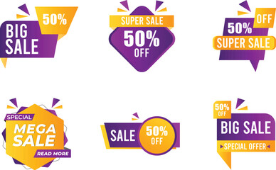 Colorful 50% Off Sale Banner Vector Set – Modern Discount and Super Sale Labels Isolated on White Background