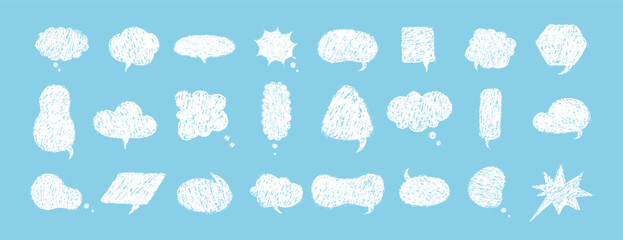 Crayons speech bubbles. Set of crayon comic frames in hand drawn style. Grunge texture. Childish Vector illustration isolated on blue background.