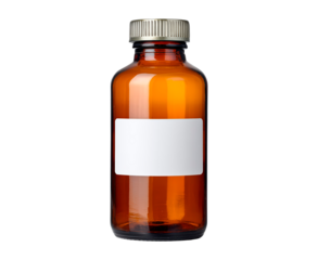 Empty amber glass bottle with white label and metal cap on transparent background, PNG