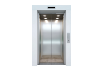 Modern stainless steel elevator interior with led lights on transparent background, PNG