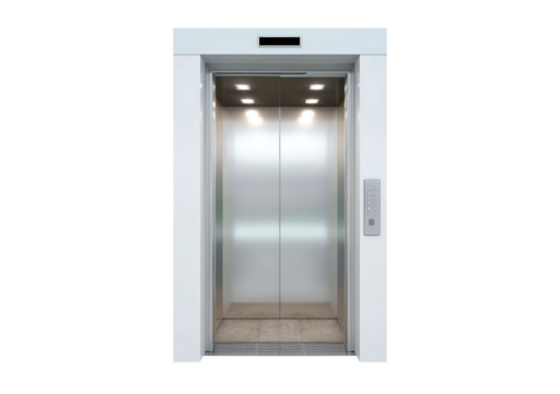 Modern stainless steel elevator interior with led lights on transparent background, PNG