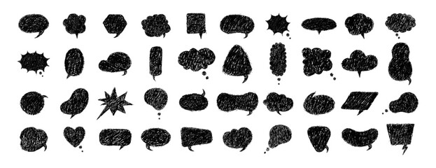 Hand drawn crayon speech bubble. Vector set with chalk scribble text boxes. Black retro doodle balloons for comics or chat messages.