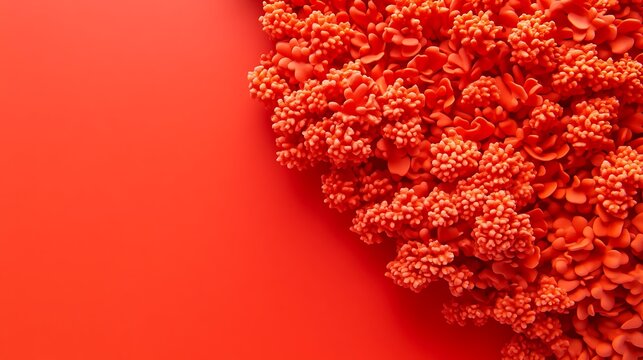 Coral-red floral clusters against a solid red backdrop