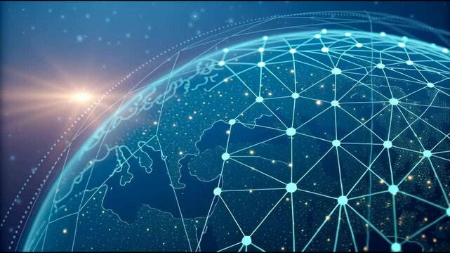 A glowing digital network wraps around the earth, illustrating global communication, technology connections, and the future of worldwide data transfer systems.