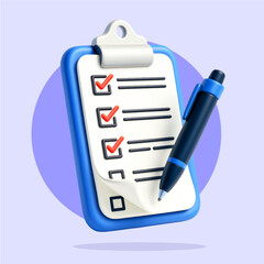 3d clipboard icon with Check List and pen vector illustration