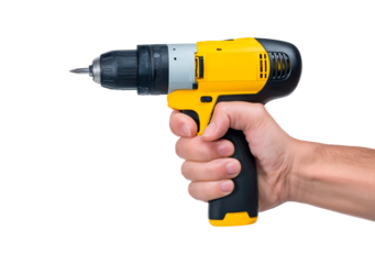 Hand holding cordless electric drill with yellow and black design on transparent background, PNG