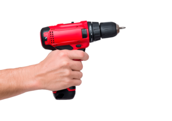 Hand holding red cordless drill with black accents on transparent background, PNG