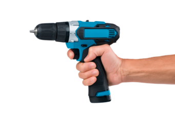 Hand holding blue cordless power drill in grip on transparent background, PNG