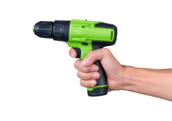 Hand holding green cordless power drill on transparent background, PNG
