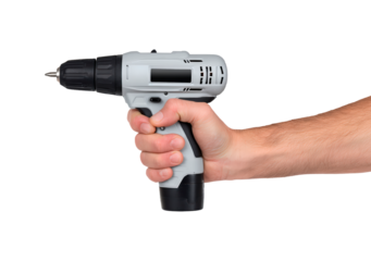 Hand holding cordless drill tool with black and gray design for home improvement on transparent background, PNG