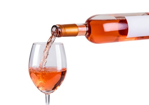 Pouring rose wine from bottle into glass on transparent background, PNG