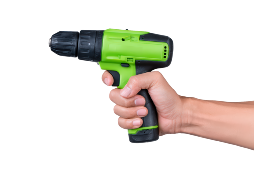 Hand holding green cordless power drill on transparent background, PNG