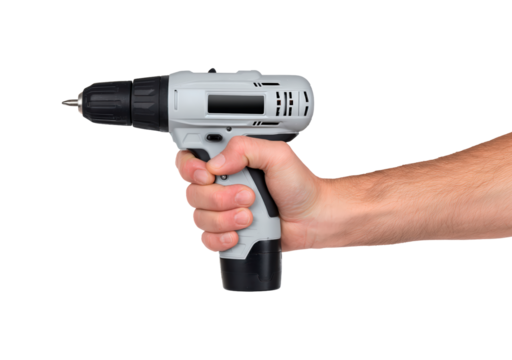 Hand holding cordless drill tool with black and gray design for home improvement on transparent background, PNG