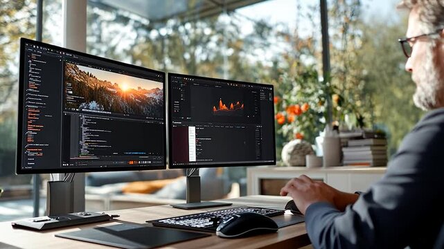 Man edits video footage on dual monitors in a sunlit home office. He uses a keyboard and mouse, surrounded by plants. The screens display vibrant video and editing software interfaces