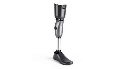 3D Rendered Prosthetic Leg With Mechanical Joint Against White Background
