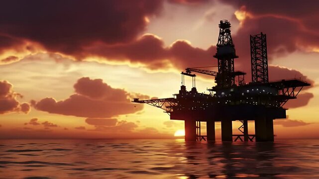 Silhouette of Oil Drill Rig at Sea Reflecting Sunset on Water
