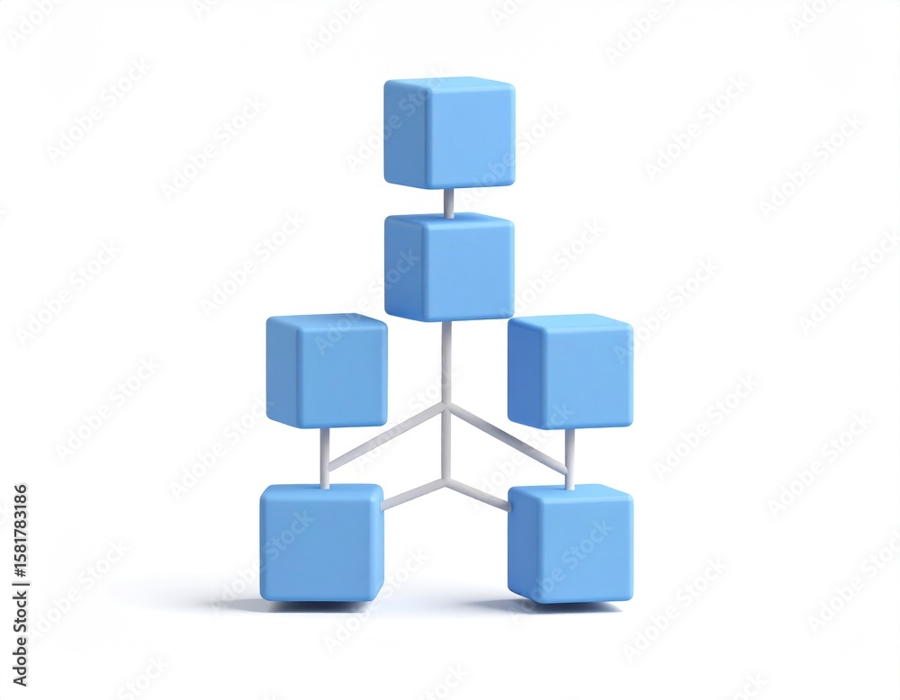 Poster abstract 3d hierarchy chart icon with floating blue cubes and connecting lines on a clean white back