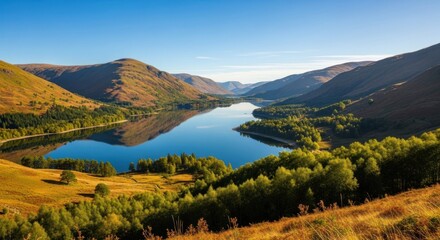 A serene Scottish Highlands vista showcases a tranquil loch reflecting the clear blue sky, surrounded by rolling hills and lush forests in the picturesque landscape.