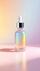 Naklejka premium Luminous beauty treatment essence in a glass bottle with dropper, standing elegantly on a soft pink surface against a vibrant gradient background