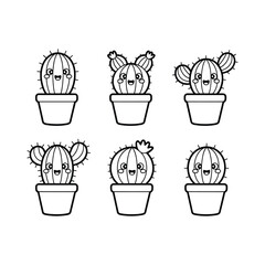 Set of Cute Cartoon Cactus Outline Vector Illustrations in Pots, Kawaii Succulent Plants, Black and White Line Art for Coloring Book.