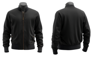 Modern Black Bomber Jacket Front and Back View on Invisible Mannequin, Isolated on Transparent Background