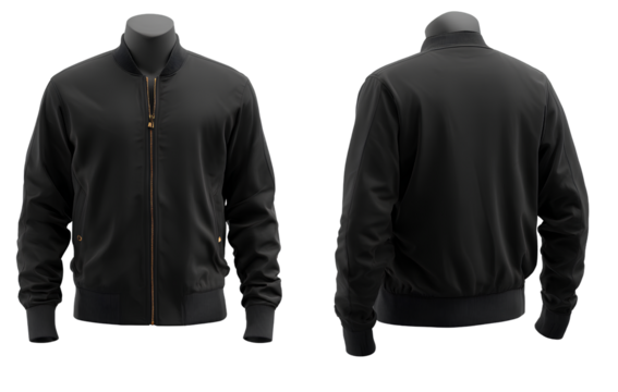 Modern Black Bomber Jacket Front and Back View on Invisible Mannequin, Isolated on Transparent Background
