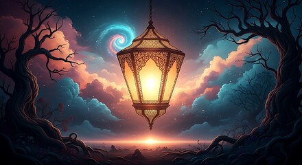 Obraz premium Enchanted Night Glowing Lantern Illuminating a Dreamy Landscape at Twilight