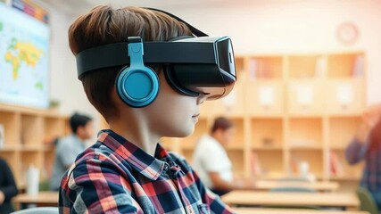 A young boy wearing a virtual reality headset in a classroom, experiencing immersive learning and technology - Powered by Adobe