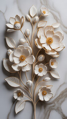 Elegant white floral arrangement with gold accents on a marble background