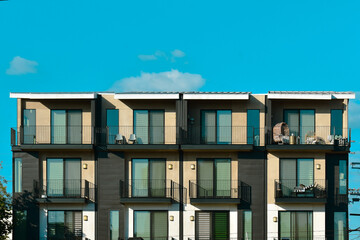 Modern building with windows and blue sky, Minimalist