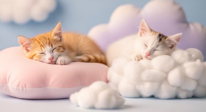 Dreamy Kittens Napping on Cloud Pillows A Whimsical Scene of Serenity and Comfort
