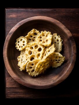 Crispy Lotus Root Slices in a Wooden Bowl, Overhead View.