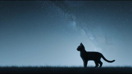 A cat is standing in a field at night