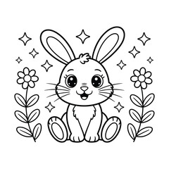 Cute bunny rabbit cartoon coloring page for kids, adorable animal with flowers and stars, black and white line art, printable illustration.
