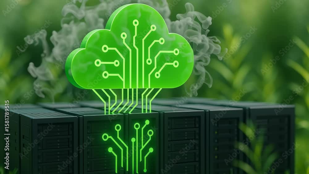 Poster renewable energy data center. green glowing cloud technology with circuit data servers symbolizing e