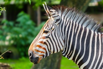 A stunning zebra portrait featuring bold black and white stripes against a lush green backdrop....