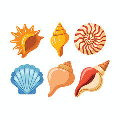 Colorful Cartoon Sea Shells Collection Isolated on White Background, Decorative Ocean Shells Vector Illustration for Beach, Summer, Marine, Nautical, Kids Design.