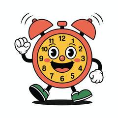 Cute Cartoon Alarm Clock Character Smiling and Walking, Colorful Vector Illustration for Kids, Time Management, School, Education, Morning Wake Up Concept.