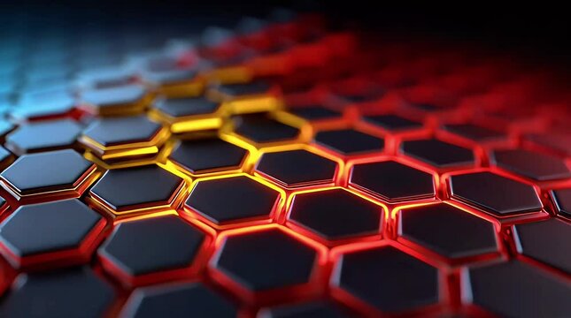 Geometric Hexagon: A captivating, high-angle view of a technologically advanced surface composed of dynamic hexagonal tiles, showcasing a futuristic design with vibrant red and blue illumination.